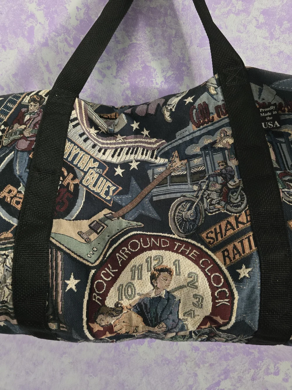 Vintage Rock Print Duffel Bag with Black Straps